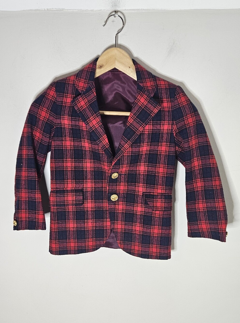 Vintage Plaid Toddlers Blazer Red Black Wool Gold Buttons 3T 4T